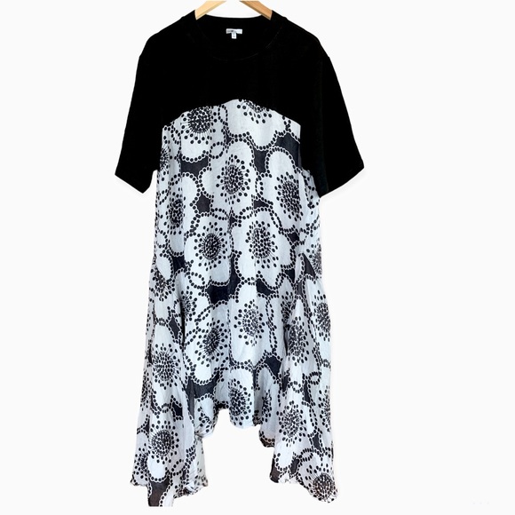 Clu Contrast Panels Asymmetric Floral Midi Dress black & white Dress - Size 1X - Picture 5 of 13